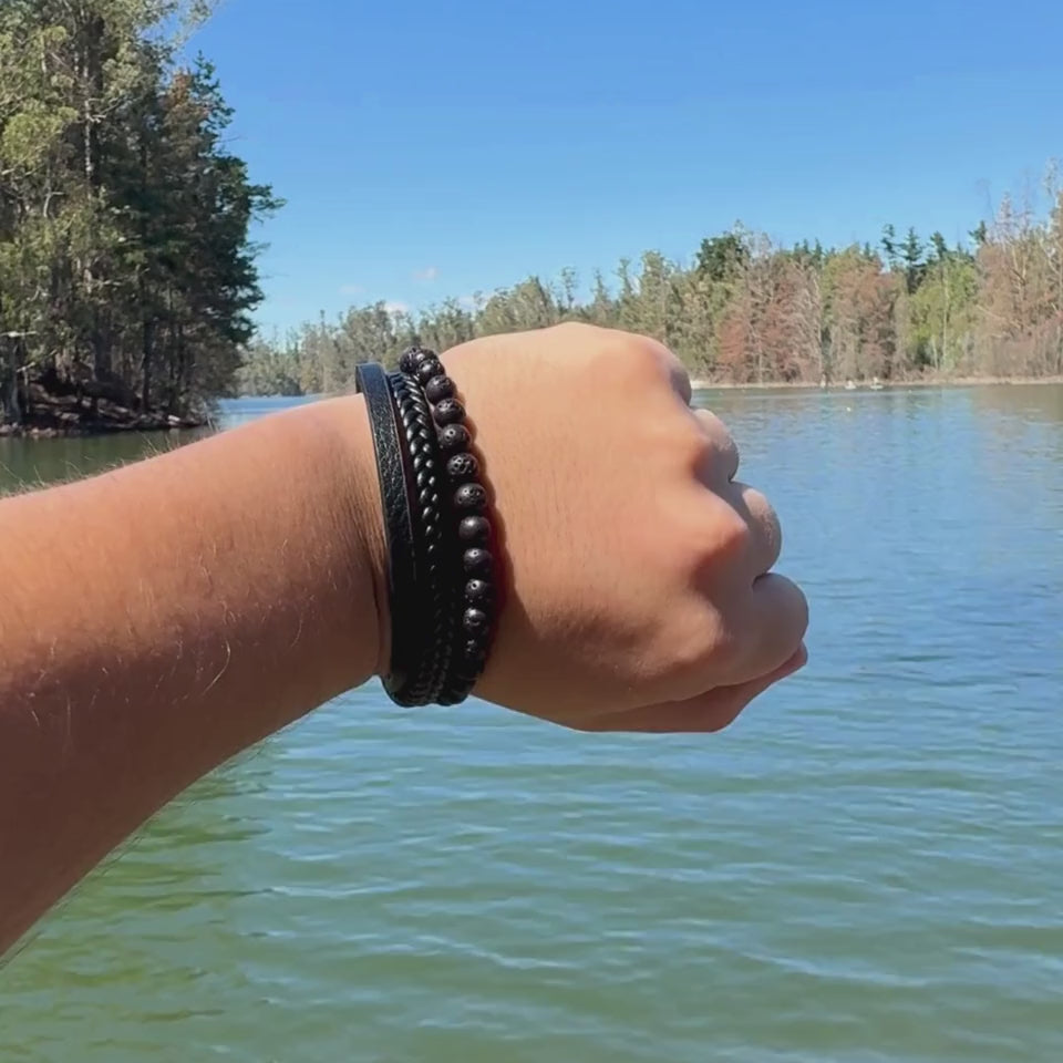 Pulsera Hombre Lava Piedra Natural Cuero Pu Masculina