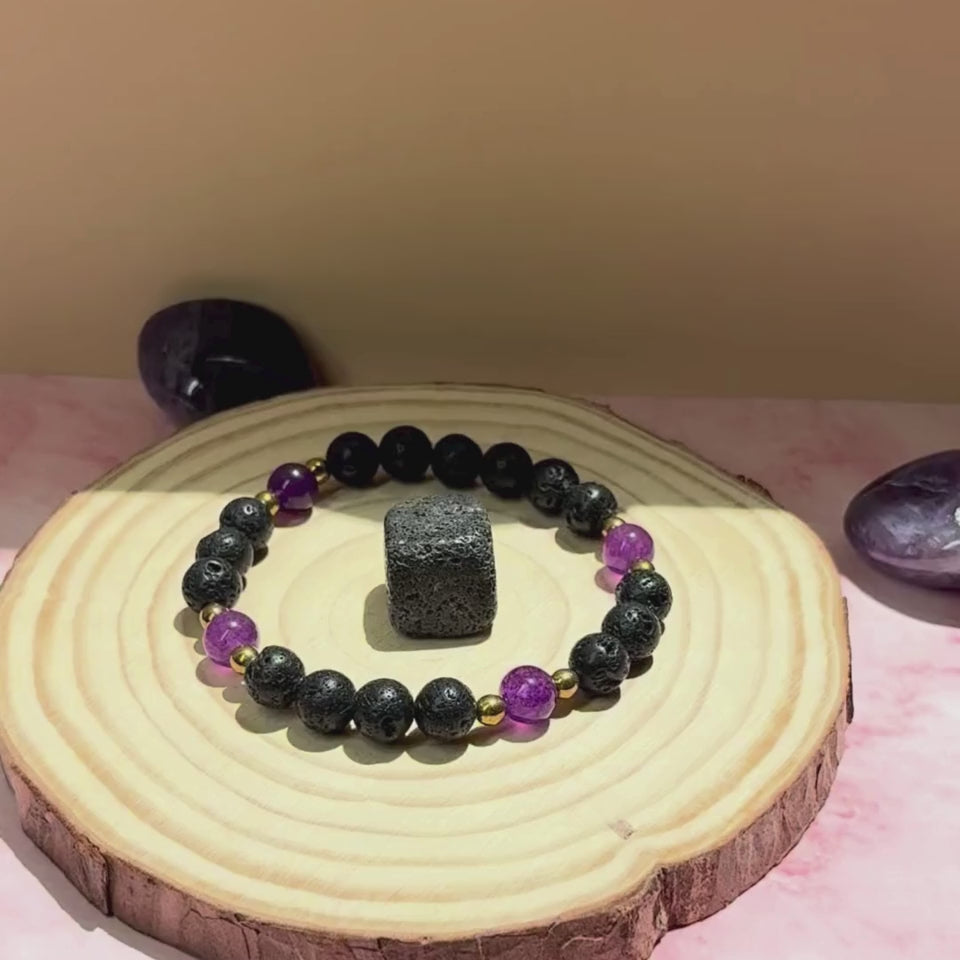 Pulsera Lava Volcánica, Hematita Y Amatista Natural