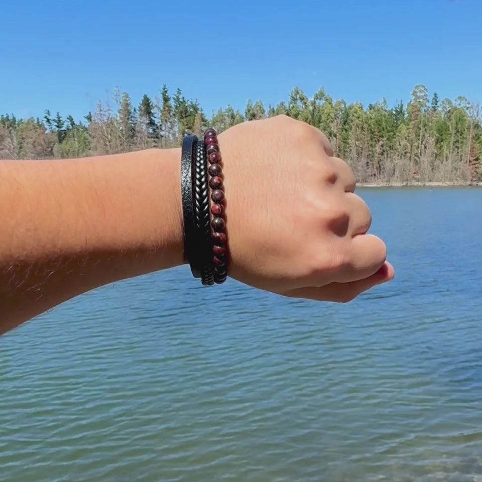 Pulsera Hombre Ojo De Buey Piedra Natural Cuero Pu